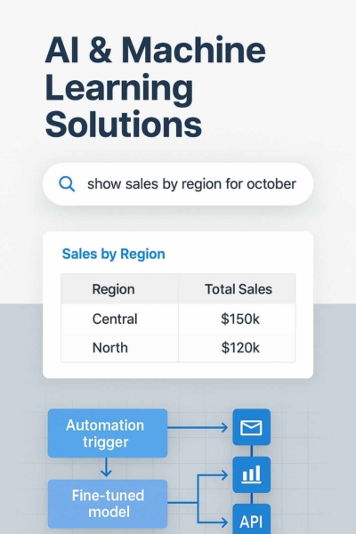 AI & Machine Learning Solutions AI and machine learning interface showing data search and automated workflows in Azure-style layout