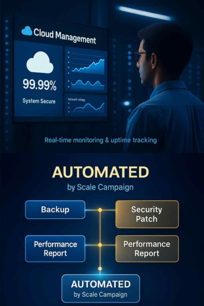 Manage Your Servers & Systems — Reliable, Secure, and Automated Reliable server management and cloud automation dashboard showing 99.99% uptime and system monitoring