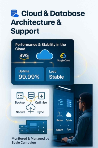 Cloud & Database Architecture — Scalable, Secure, and Always-On Cloud monitoring dashboard and database systems with AWS, Azure, and Google Cloud icons connected by glowing data lines.