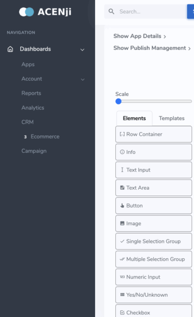 Acenji Web App Dashboard Editor Acenji no-code web app builder interface with drag-and-drop dashboard editor.